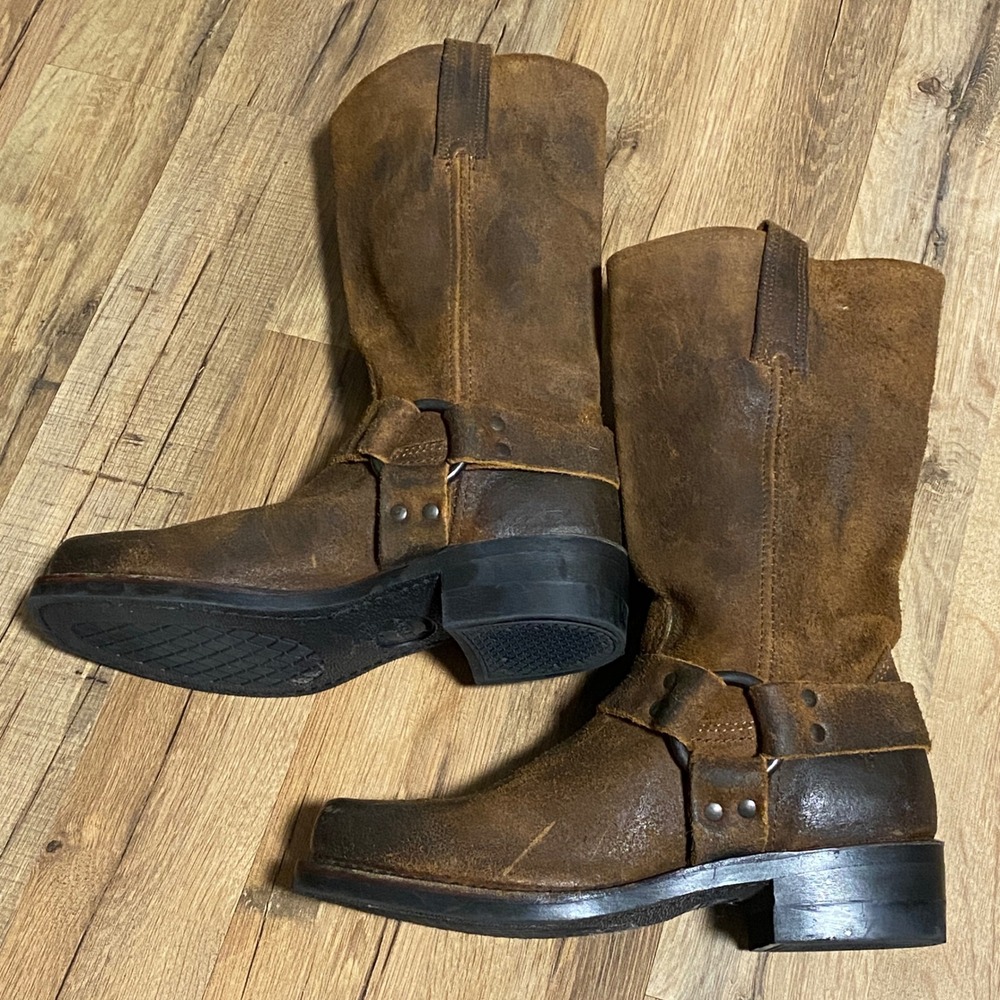 Frye Harness 12R Brown Distressed Leather Square Toe Moto Boots Women's Size 8M - Picture 8 of 10